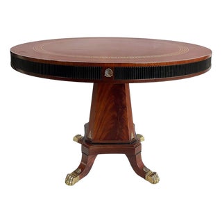 Early 20th Century Regency Style Round Pedestal Table, Greek Key Inlay & Bronze Claw Feet & Mounts For Sale