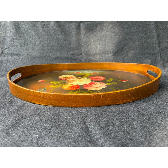 Vintage Oval Wood Floral Tole Painted Tray For Sale - Image 4 of 17