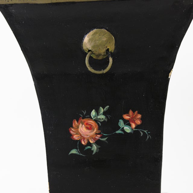 Vintage Black Hand-Painted Metal Cachepot/Flower Pot/Wastebasket With Floral Design For Sale In New York - Image 6 of 12