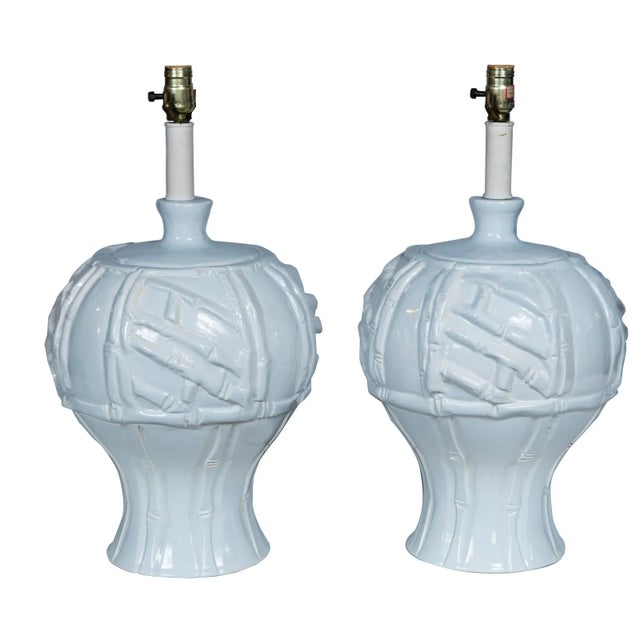 White Ceramic Faux Bamboo Lamps, 1970s - A Pair For Sale - Image 11 of 11
