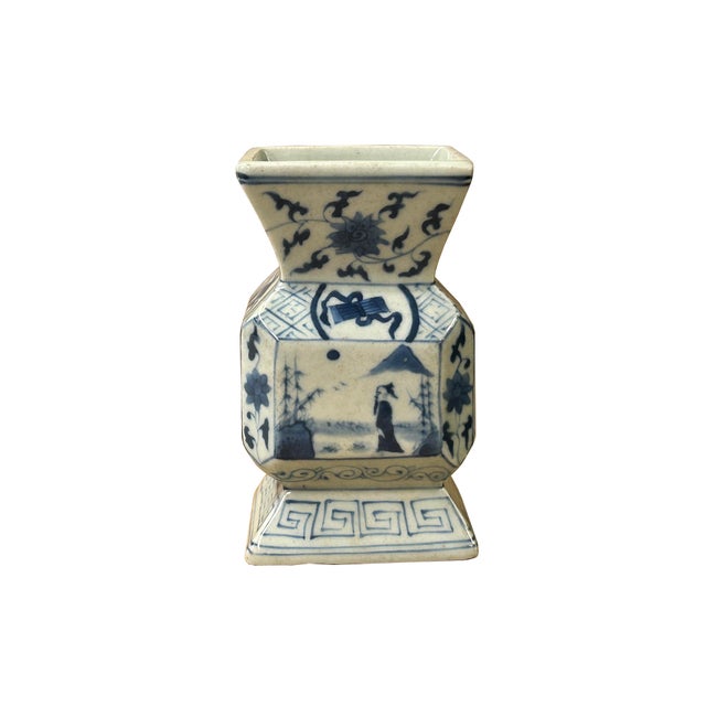 Vintage Pale Blue White Scenery Graphic Square Porcelain Vase For Sale - Image 4 of 9