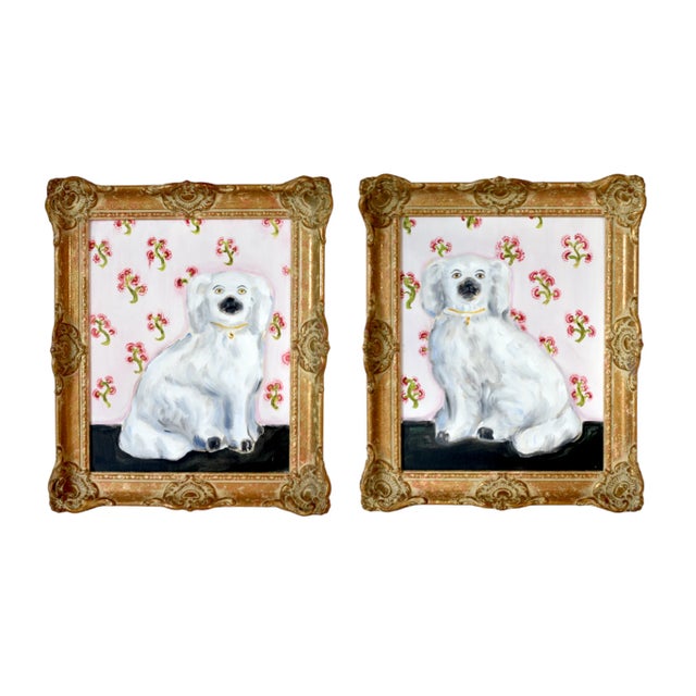 A pair of oil portraits of an antique, Victorian pair of English Staffordshire spaniel dogs, white with black noses,...