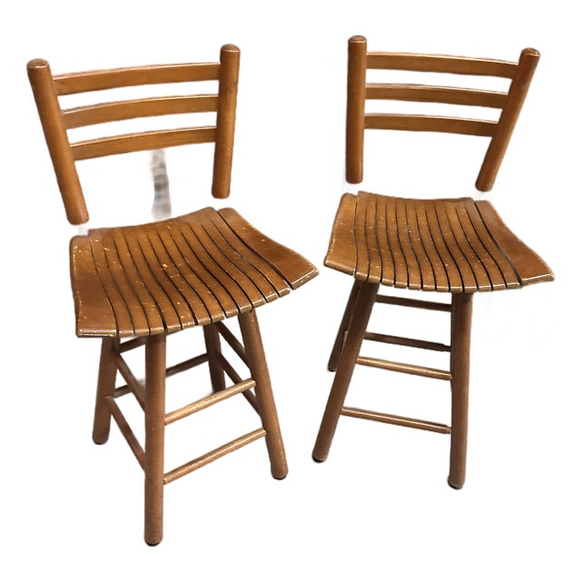 Pair of 1970s Wooden Slat Swivel Bar Stools For Sale