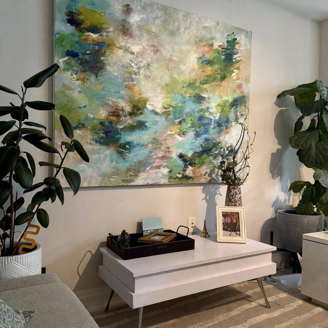 Large Abstract Landscape Painting in Pink Green and Blue "Meanwhile the World Goes On" 60x48” For Sale - Image 9 of 9