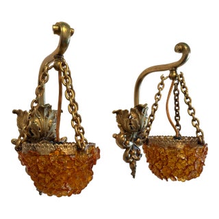 Vintage Pair of Czech Amber Glass Beaded Wall Sconces For Sale
