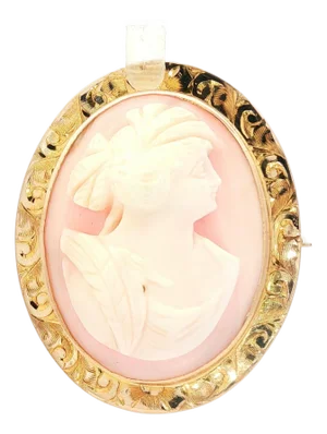 late 19th Century 10k Yellow Gold Hand Engraved Pink Conch Shell Cameo Brooch