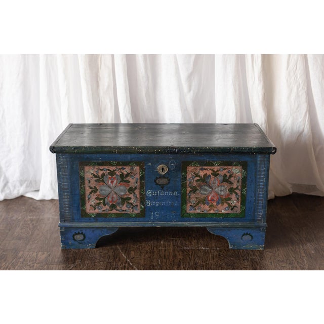 Antique Hand Painted Chest in Blue With Floral Motifs For Sale - Image 12 of 18