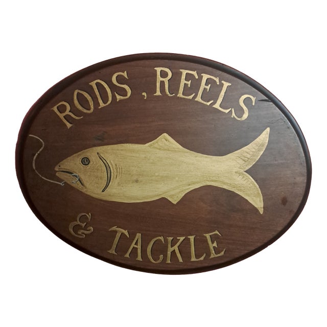 Painted Fishing Sign of Rods, Reels & Tackle, 1930 For Sale