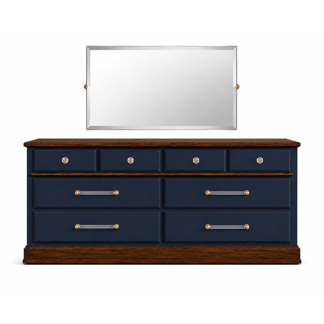 Restored 1960s American Solid Wood Dresser with Frameless Beveled Mirror | Midnight Blue & Old Chapel Satin Walnut™...