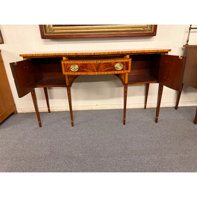 Late 20th Century Hepplewhite Style Mahogany Console Sideboard With Satinwood Inlay, Circa 1990 For Sale - Image 11 of 12