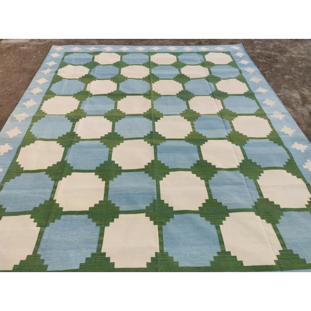 Sky Blue Handmade Cotton Flat Weave Reversible Box Pattern Sky Blue and Forest Green Area Rug - 9'x12' For Sale - Image 8 of 11