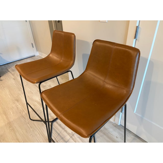 Modern West Elm Slope Leather Bar Stool For Sale - Image 3 of 3