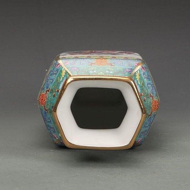 Mid 20th Century Famille Rose Hexagonal Porcelain Vase, Chinese Enameled Figural Scene Vase For Sale - Image 4 of 9