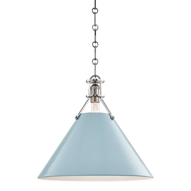 Hudson Valley Lighting Mark D. Sikes Painted No.2 1-Light Large Pendant, Polished Nickel/Blue Bird For Sale
