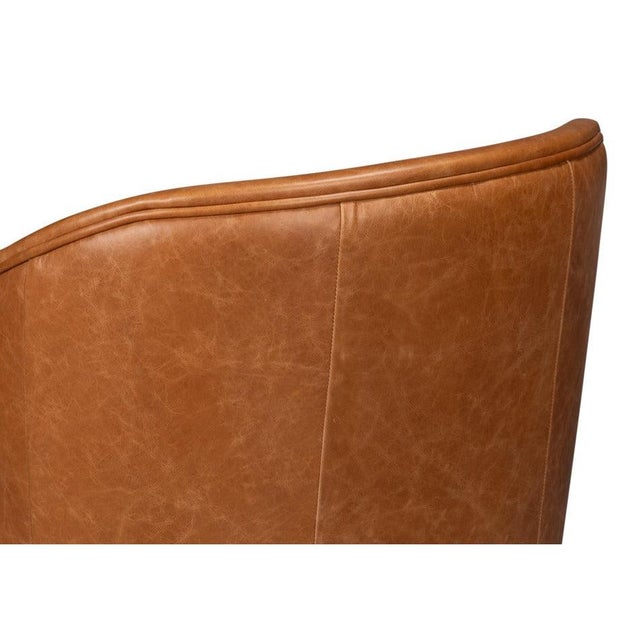 Wood Barrel-Back Swivel Lounge Chair, Chestnut Brown Leather For Sale - Image 7 of 12