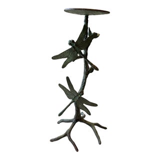 Organic Modern Vintage Verdigris Metal Dragonfly Pillar Pricket Candle Holder – 12.5” H For Sale