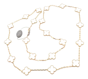 Van Cleef & Arpels Yellow Gold 20 Motif Alhambra Rock Crystal Necklace Cert