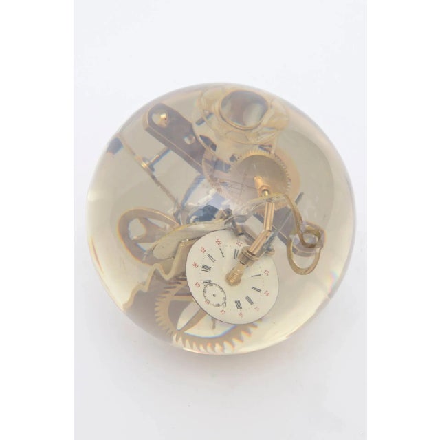1960s French Vintage Embedded Gear and Clock Part Round Lucite Sculpture For Sale - Image 5 of 9