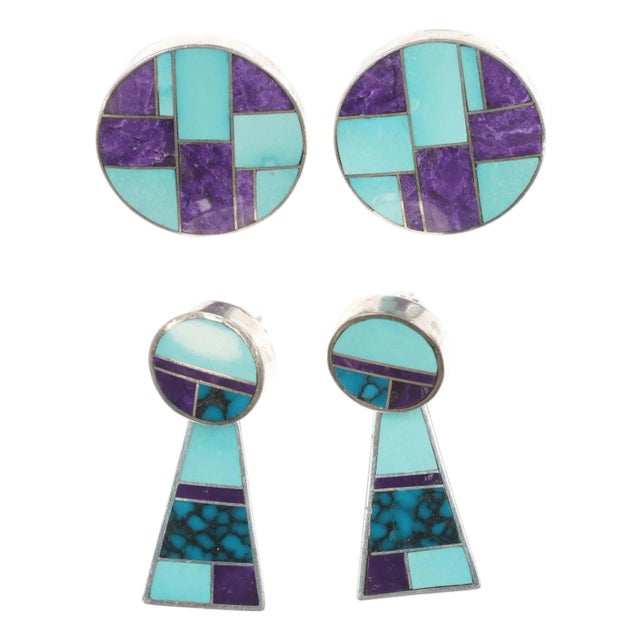 2pr Ray Tracey Knifewing Navajo Multi-stone channel inlay sterling earrings For Sale
