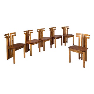 Italian Modern Wood and Brown Leather Chairs by Mobilgirgi, 1970s, Set of 6 For Sale