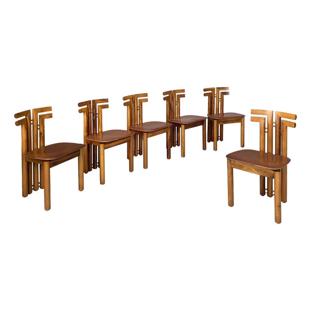 Italian Modern Wood and Brown Leather Chairs by Mobilgirgi, 1970s, Set of 6 For Sale