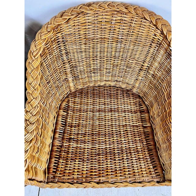 Wood Vintage Wicker Works Style Braided Wicker Lounge Chair and Ottoman Set For Sale - Image 7 of 10