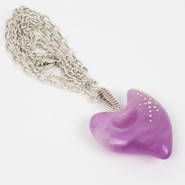 Christian Lacroix Christian Lacroix Silvered Metal Necklace with Lavender Resin Heart Pendant For Sale - Image 4 of 11