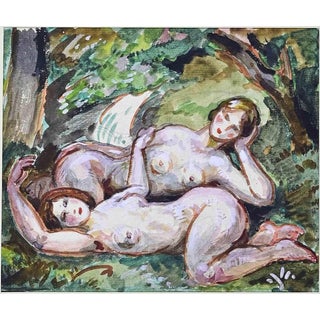 Paul Emile Colin, Two Reclining Nude Women, Mixed Media For Sale
