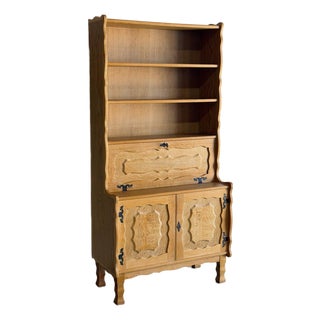 Danish Oak Hutch Display Cabinet With Drop-Front Secretary Desk Mid-Century Modern 1970s For Sale