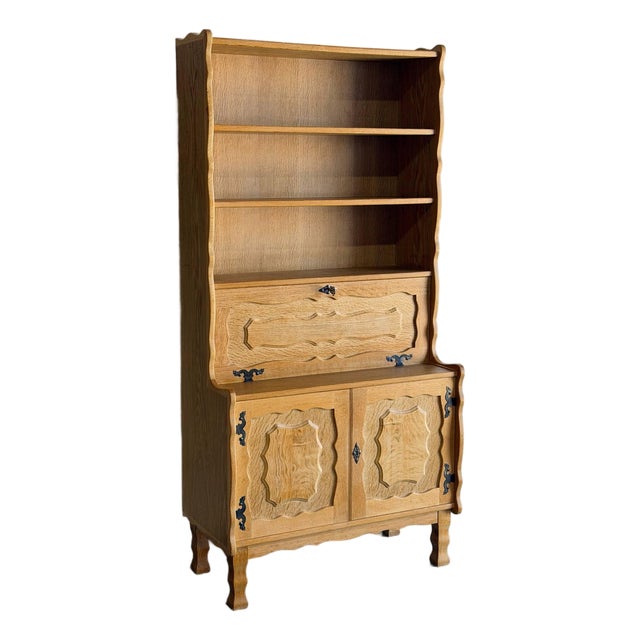Danish Oak Hutch Display Cabinet With Drop-Front Secretary Desk Mid-Century Modern 1970s For Sale