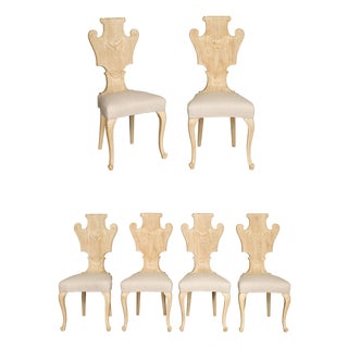Set of Six Italian Midcentury Bleached Walnut Dining Room Chairs with Scrolls For Sale
