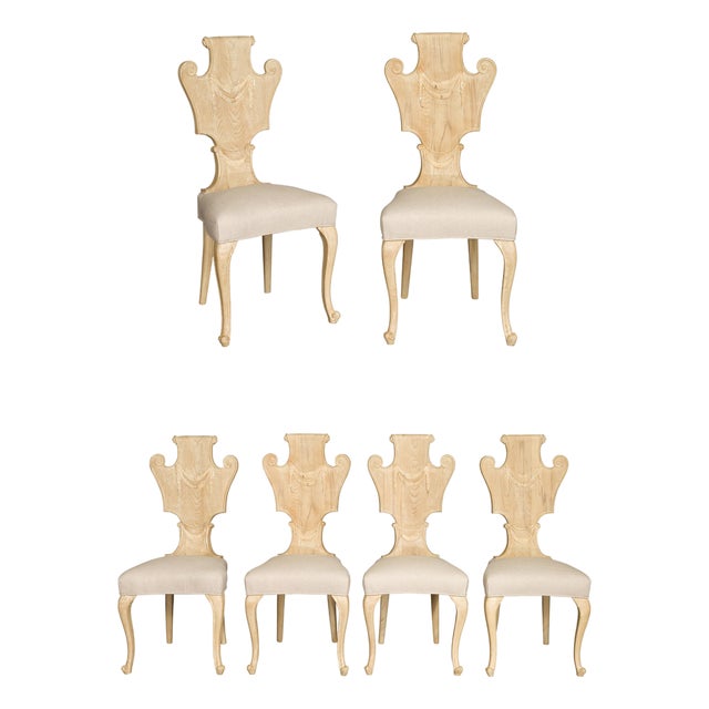 Set of Six Italian Midcentury Bleached Walnut Dining Room Chairs with Scrolls For Sale