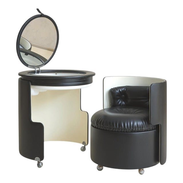 Black Dilly Dally Vanity Table + Stool Attributed to Luigi Massoni for Poltrona Frau, 1968 For Sale