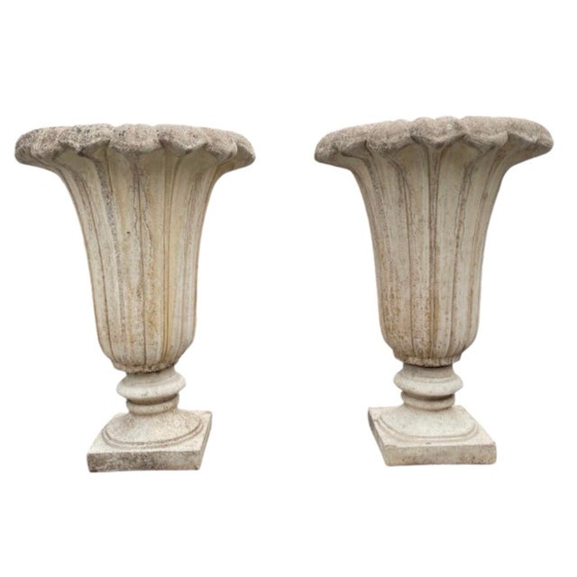 Pair of Neoclassical Fluted Cast Stone Garden Urns For Sale - Image 4 of 12