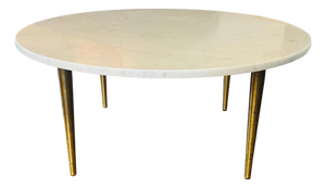 1950s Vintage Round Italian Carrara Marble Coffee Table With Brass Legs After t.h. Robsjohn Gibbings