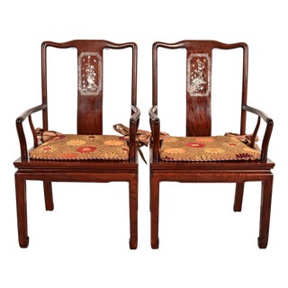 Antique Chinese Carved Rosewood Armchairs With Mother of Pearl Inlay, Circa 1890s For Sale
