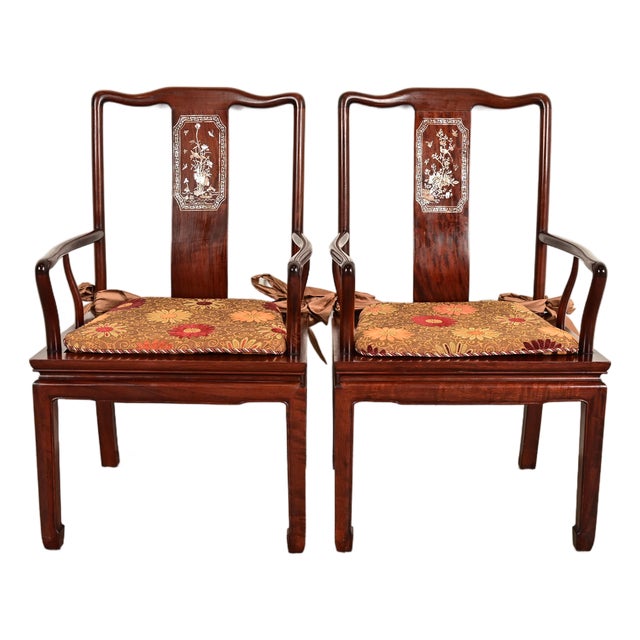 Antique Chinese Carved Rosewood Armchairs With Mother of Pearl Inlay, Circa 1890s For Sale