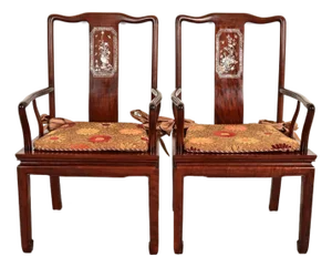 Antique Chinese Carved Rosewood Armchairs With Mother of Pearl Inlay, Circa 1890s