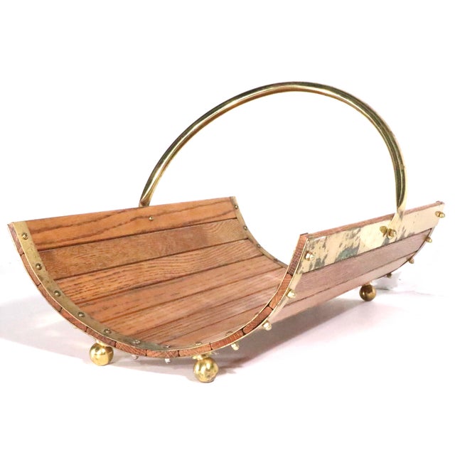 Vintage Oak and Brass Fireplace Log Wood Holder C. 1970/80's For Sale - Image 11 of 11