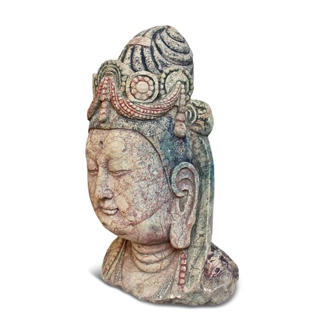 Antique hand carved stones Quan Yin bust with beautiful marbleized aged colorful patina. Special attention given to...