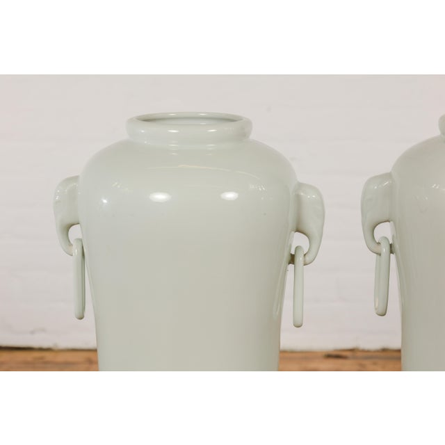 Tall and Slender Vintage White Porcelain Elephant Handles Altar Vases - A Pair For Sale - Image 10 of 12