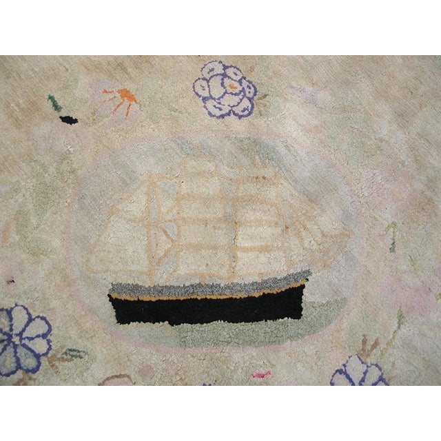 Superb White-Ivory Background Color in a Style Nautical Theme Antique American Hooked Rug For Sale - Image 4 of 6
