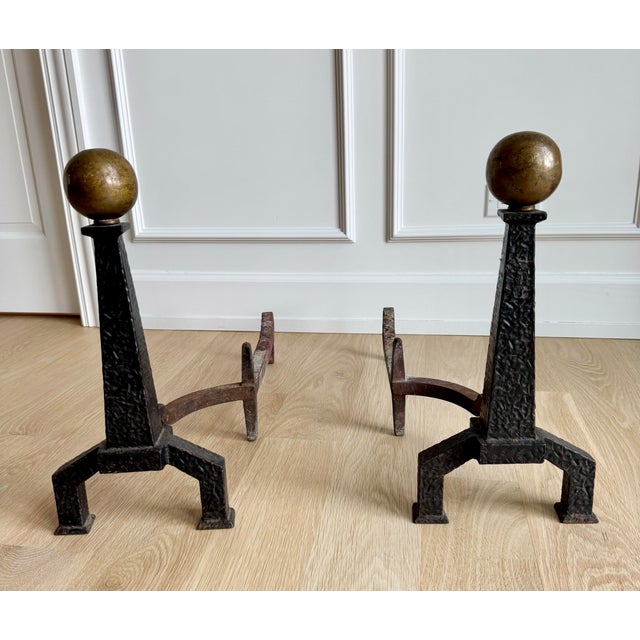 Late 19th Century Signed Bradley & Hubbard Neoclassical Obelisk Hammered Iron Andirons - Pair For Sale In Chicago - Image 6 of 7