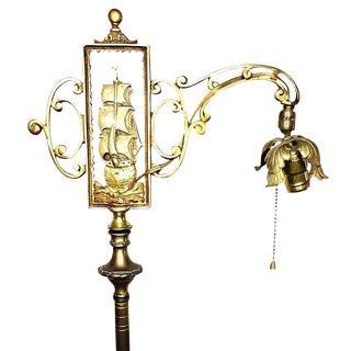 Antique Nautical Ship Brass & Marble Bridge Floor Lamp For Sale
