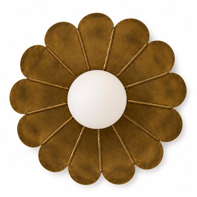 Brass Flower Ceiling Light, Mid Century Modern Flush Mount Light, Daisy Ceiling Lamp, Frosted Glass Globe Fixture For Sale - Image 15 of 15