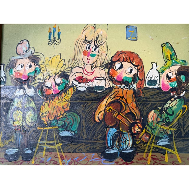 Wood 1970's Vintage Cartoon Style Whimsical Bar Scene Oil on Canvas Painting For Sale - Image 7 of 12