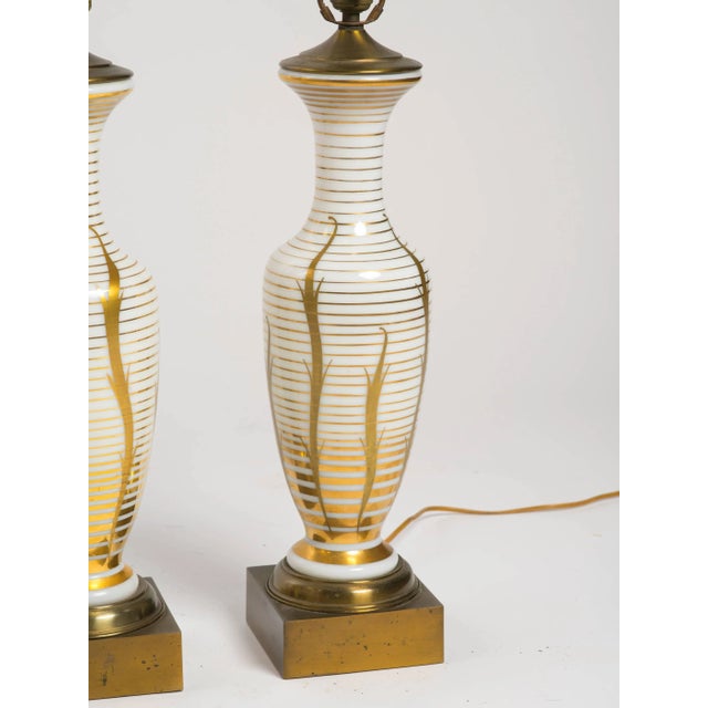 Mid-Century Modern Hand-Painted Brass and Glass Table Lamps - a Pair For Sale - Image 3 of 7