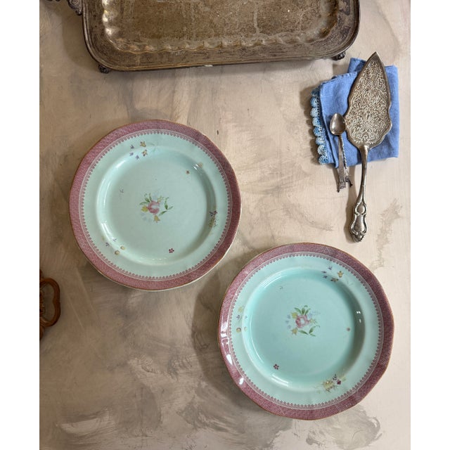 A lovely pair of vintage Calyx Ware dinner plates in the Lowestoft pattern by Adams of England, featuring a soft aqua...