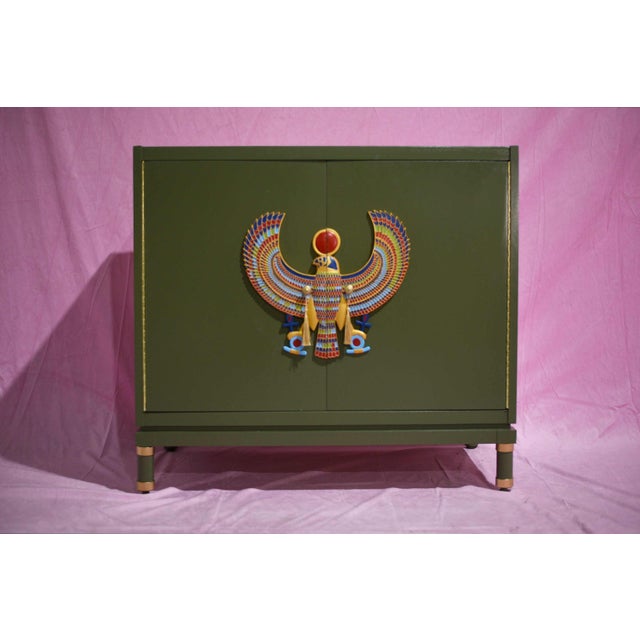Transitional Hand Crafted Two Door Chest in Olive With Egyptian Horus Falcon Detail For Sale - Image 3 of 13