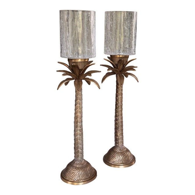 Hollywood Regency Brass Palm Tree Motif Hurricane Candle Holders - A Pair For Sale